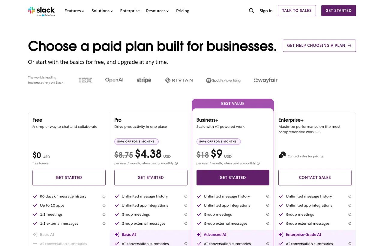 Slack pricing page, showing the published plans and prices recorded on this page