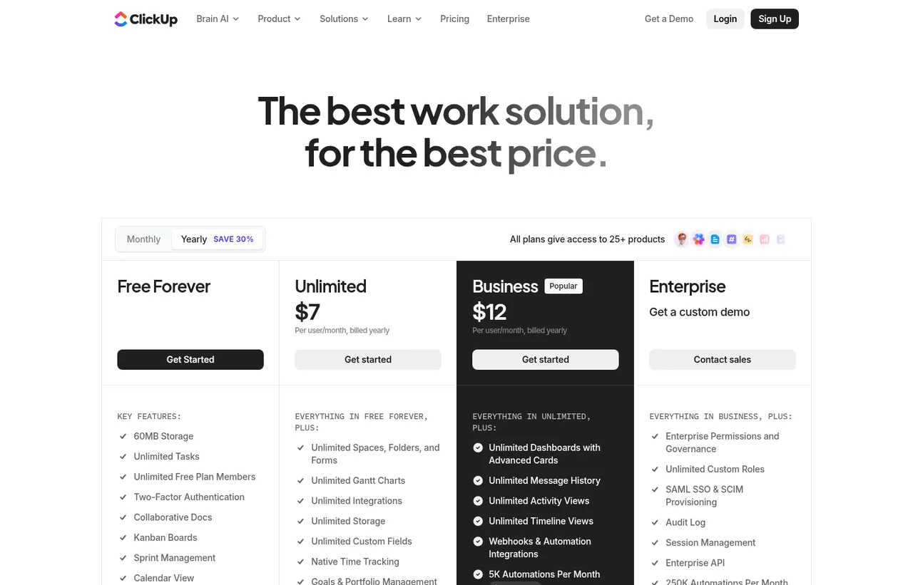 ClickUp pricing page, showing the published plans and prices recorded on this page