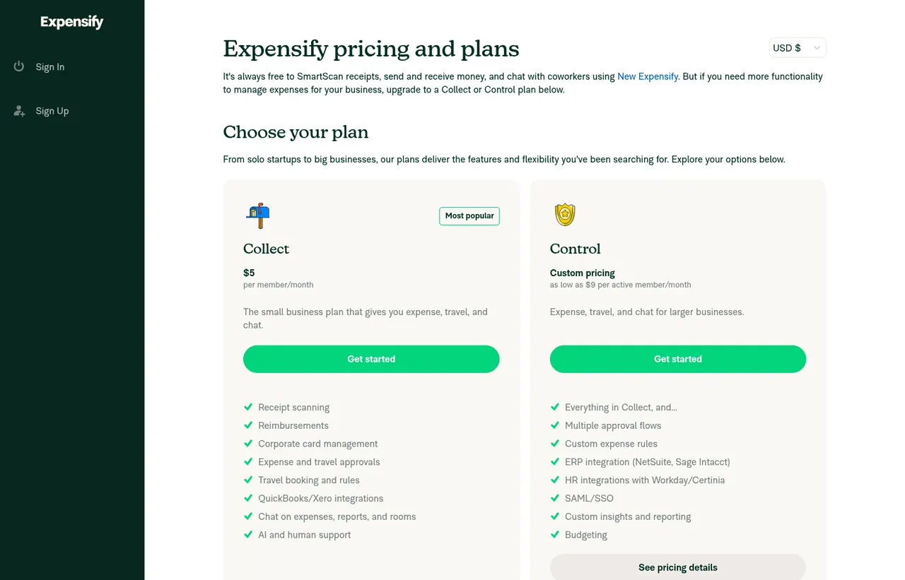 Expensify pricing page, showing the published plans and prices recorded on this page
