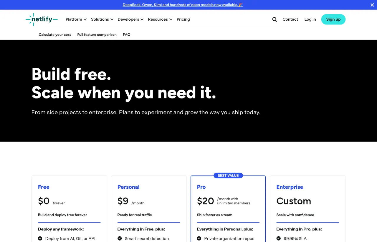 Netlify pricing page, showing the published plans and prices recorded on this page