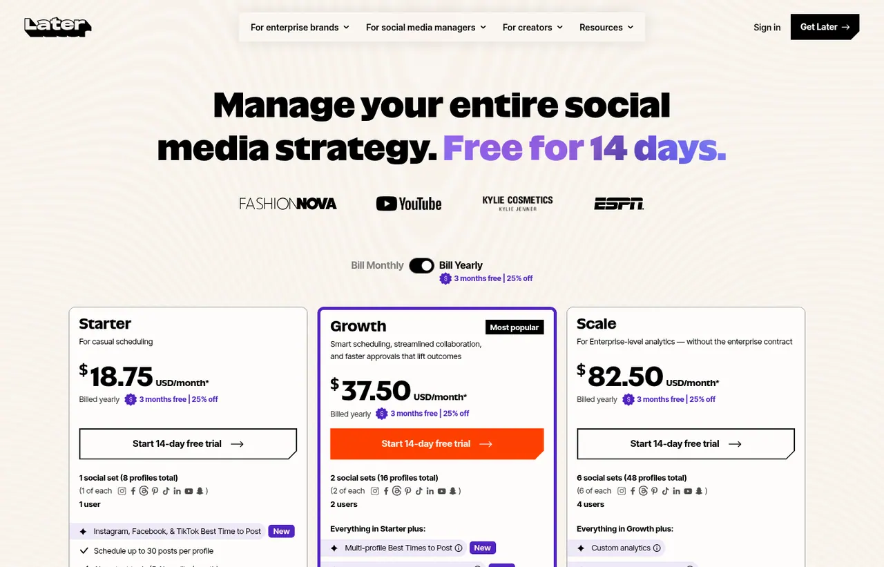 Later pricing page, showing the published plans and prices recorded on this page