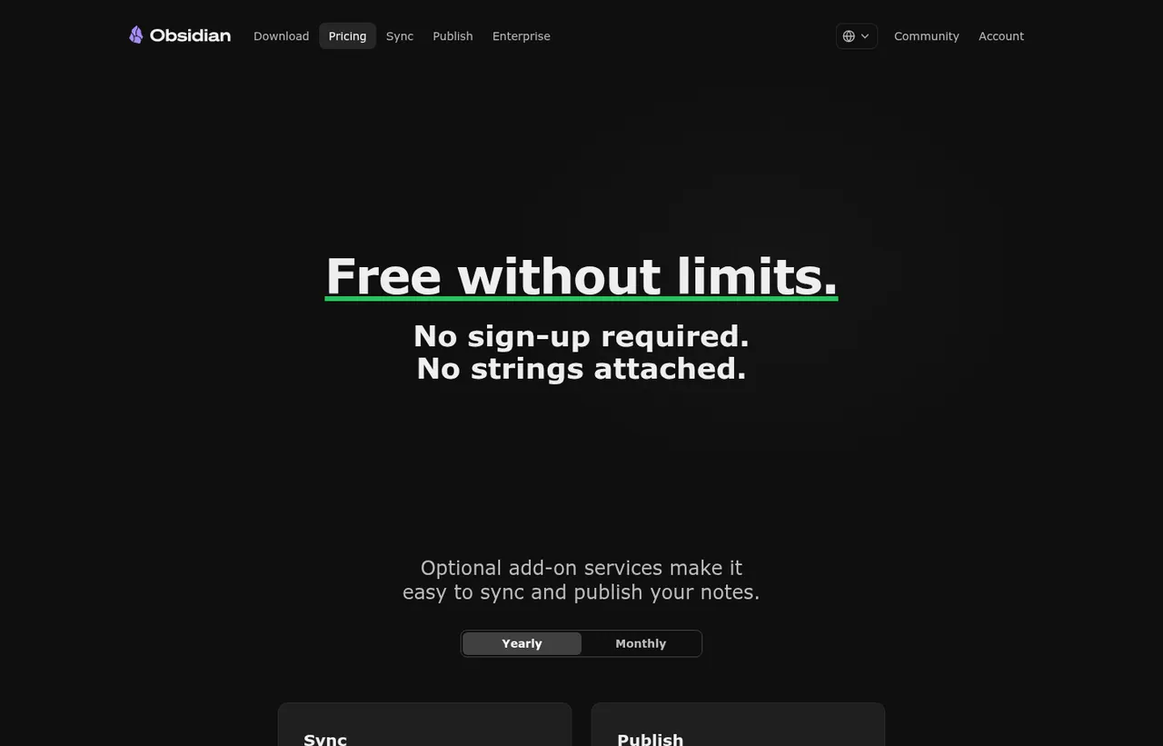 Obsidian pricing page, showing the published plans and prices recorded on this page