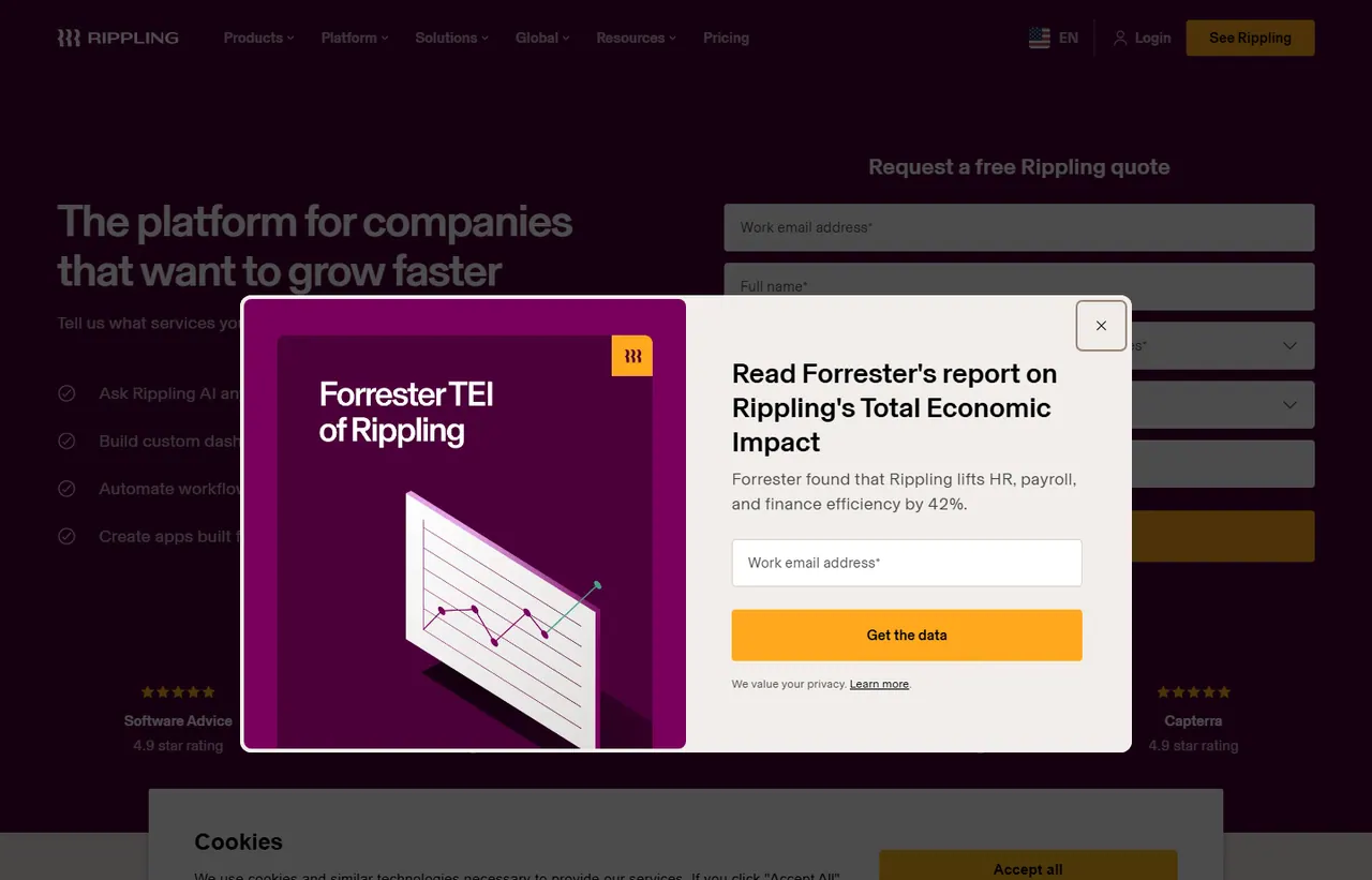 Rippling pricing page, showing the published plans and prices recorded on this page